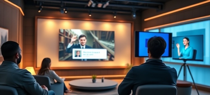 cutting-edge media channel, informative, streaming a talk show, photorealistic, cozy studio with mood lighting, highly detailed, interactive audience poll, sharp imagery, pastel colors, diffused softbox lighting, shot with a Sigma 18-35mm f/1.8 lens.
