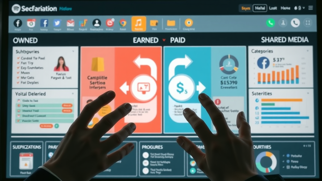 split-screen diagram of owned, earned, paid, and shared media channels highlighting roles in media channel marketing