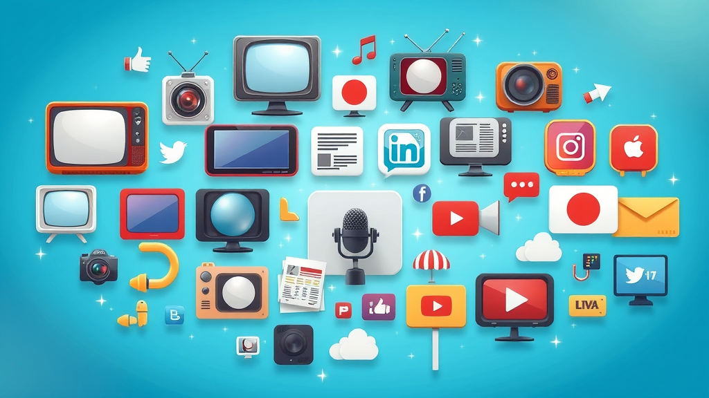 Montage of diverse media channel icons, TV, radio, social media, podcast, display ad, no people
