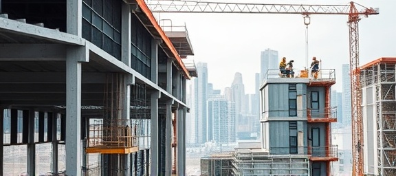efficient site building, skilled workers operating, constructing, photorealistic, under-construction framework against a cityscape, highly detailed, lively activity, high-definition texture, steel grays, natural daylight, shot with a Fuji 18mm f/2 lens.