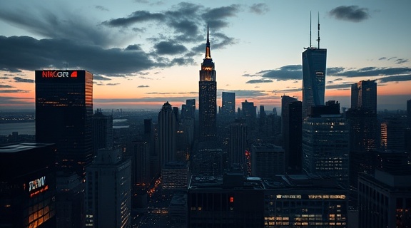 influential media network, authoritative, delivering breaking news, photorealistic, city skyline at dusk, highly detailed, moving ticker headlines, ultra-high definition, monochrome palette, natural lighting, shot with a Nikon 24-70mm f/2.8G lens.