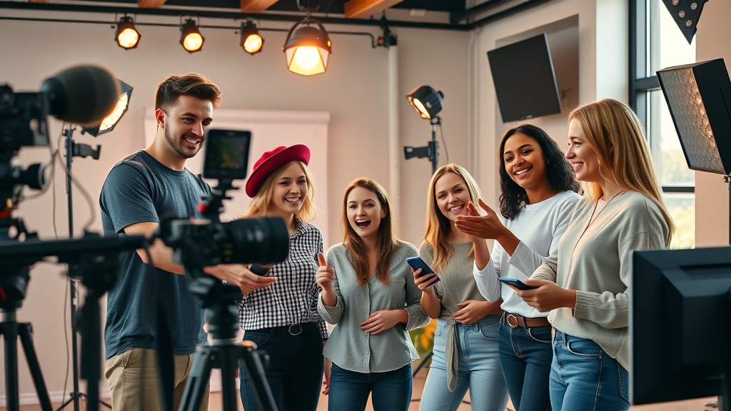 trend-setting influencer team filming social media and youtube content in studio