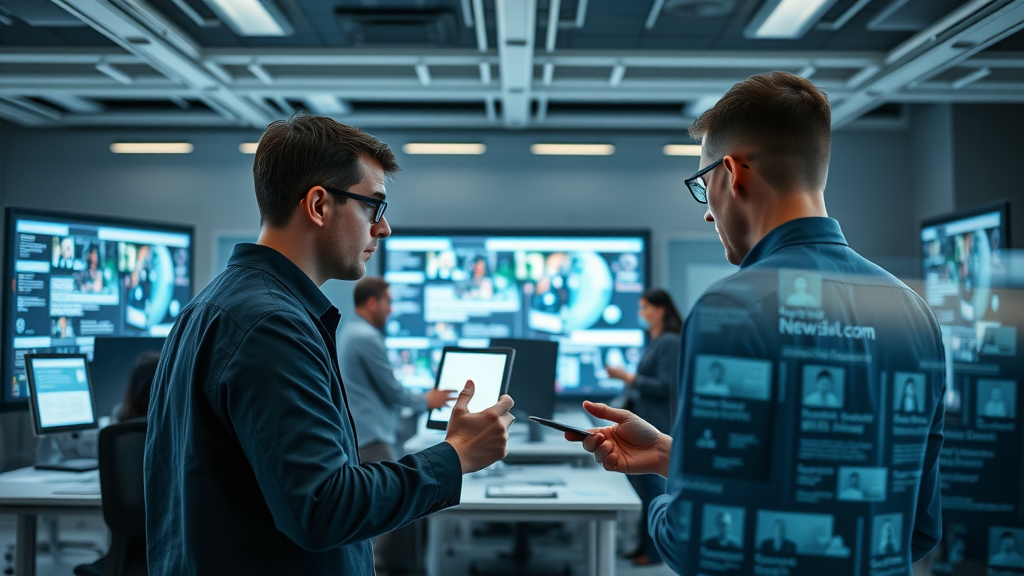 Digital media newsroom with AI-powered tools and creators working in a high-tech interactive office, illustrating the evolution of digital media in 2025
