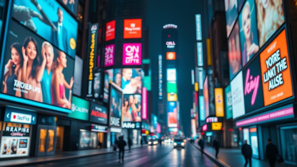 Digital city street scene with futuristic billboards and display ads, urban background, no people