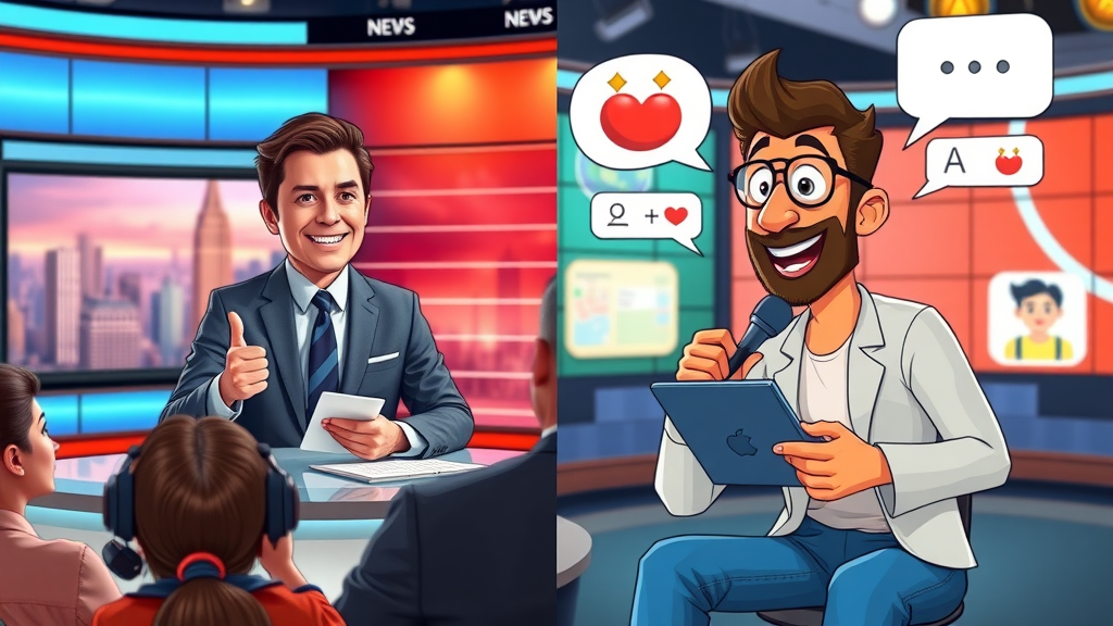 Side-by-side depiction of traditional broadcast and interactive digital live stream for traditional vs digital media comparison