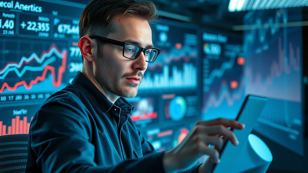 digital analyst examining real-time social media metrics using advanced analytics dashboards