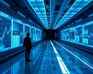 futuristic agency timeline, contemplative, historians analyzing digital timelines, photorealistic, ultra-modern digital hall with holographic displays, highly detailed, animated graphics, high resolution, cool blue tones, bright neon highlights, shot with a wide-angle lens.