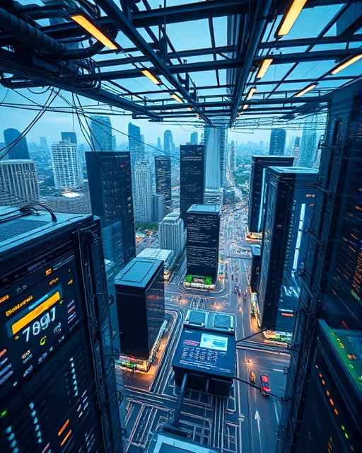 dynamic syndication network, bustling and energetic, facilitating digital exchanges, photorealistic, cityscape in the background with interconnected servers, highly detailed, data flowing through virtual channels, 35mm lens depth, cool tones, overhead natural lighting, shot with a Sony FE 35mm f/1.8 lens.