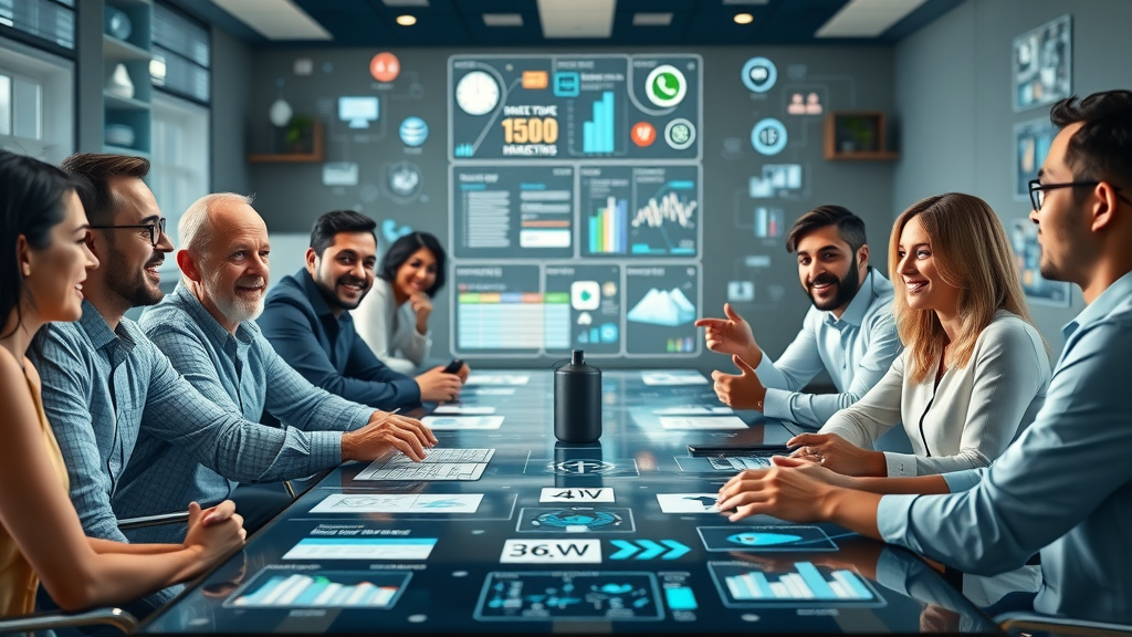diverse group of marketers brainstorming on digital media channels 2025 trends, using digital boards and AI-powered tools around a conference table with animated digital infographics.