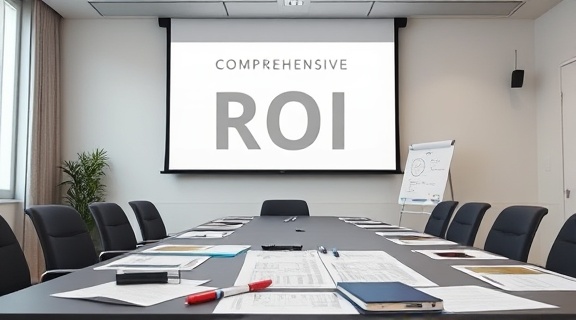 Comprehensive ROI strategy, determined, outlining plans, photorealistic, business conference room with large projection screen, highly detailed, flip charts and pens scattered around, zoom lens, neutral tones, diffused lighting, shot with a 70-200mm camera lens.