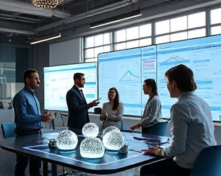 cutting-edge media development, diverse team ideating, planning, photorealistic, modern office with smartboards and holograms, highly detailed, collaborative energy, ultra-clear resolution, bold contrasts, daylight illumination, shot with a Zeiss 25mm f/2 lens.