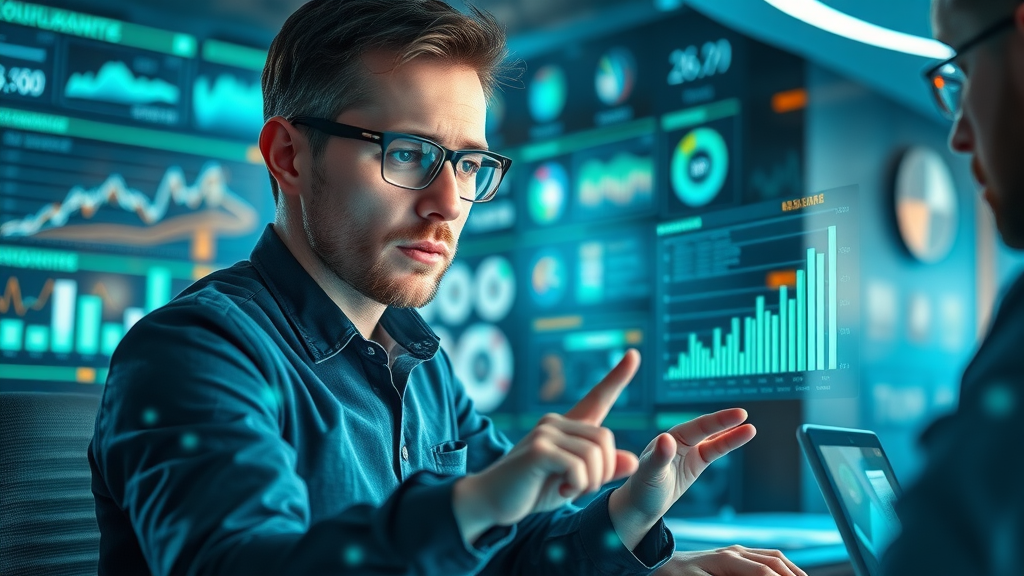 Marketing analyst analyzing SEO and SEM campaign data in futuristic digital workspace