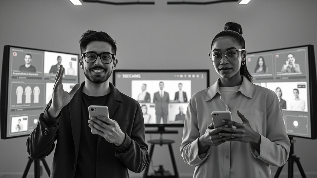 modern influencers presenting on interactive screens to engaged communities, showcasing new social media features, digital media channels 2025, and dynamic augmented reality interfaces.