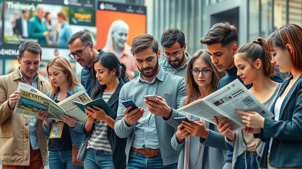 Media channel definition illustrated by people interacting with smartphones, newspapers, television, and computers in an urban environment, showing modern digital and traditional media channels, vibrant color, natural daylight.