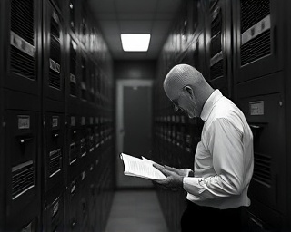 agency archive, meticulous, careful inspection of classified files, photorealistic, secure vault room with steel cabinets, highly detailed, soft rustling of paper, crisp detail, monochrome tones, diffused fluorescent lighting, shot with a 24mm lens.