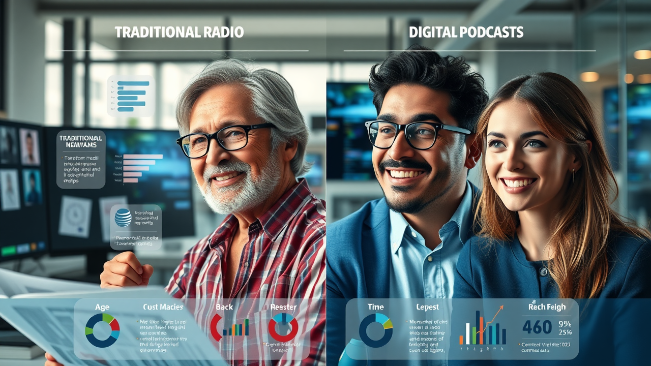 Vivid infographic comparing traditional media channels and digital media platforms used by various age groups in 2025. traditional vs digital media