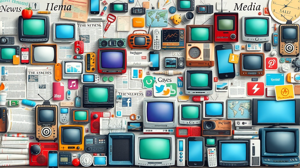 collage with print, radio, TV, smartphones, social media timeline media channels