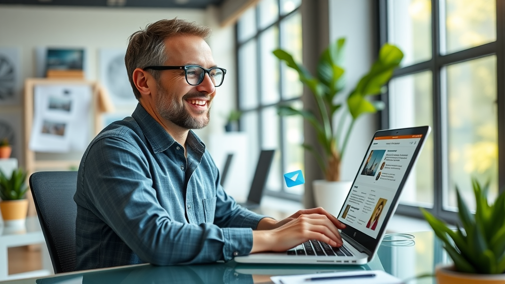 Marketing manager using multiple email marketing campaign screens, professional office, animated email icons