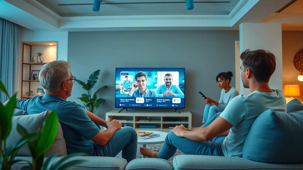 Modern family group interacting with connected TV showing personalized advertisements, set in a contemporary living room, for 2025 media channel trends