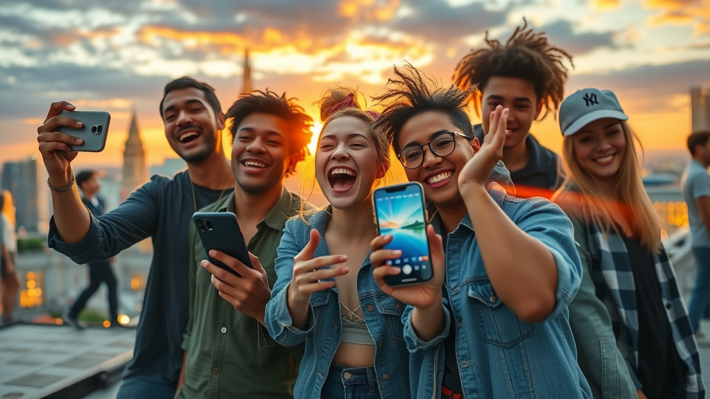 Young creators recording TikTok and Instagram Reels short-form video on smartphones, city rooftop at sunset for media trends 2025
