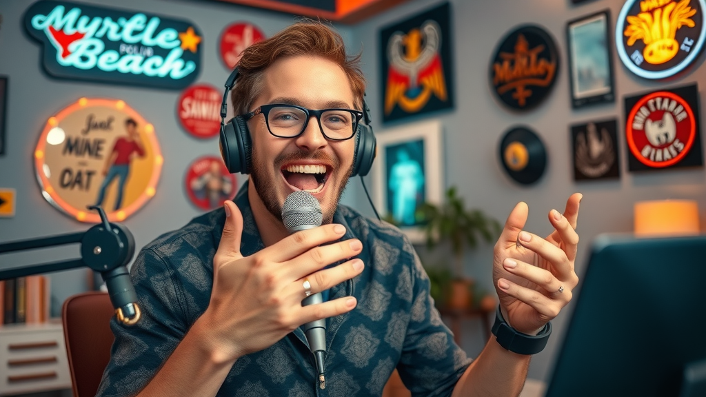 energetic myrtle beach influencer live streaming podcast in local studio with memorabilia, myrtle beach