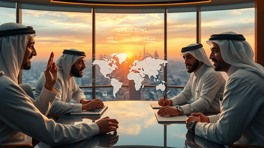 Middle Eastern business leaders discussing digital expansion on global maps, symbolizing regional growth in digital media channels 2025.