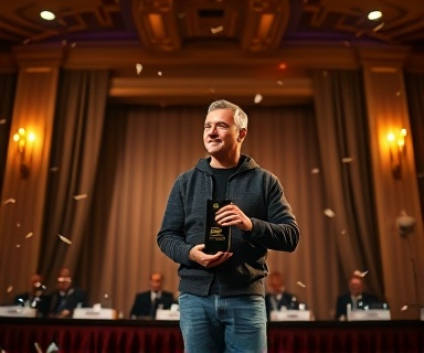 prestigious authority recognition, proud, presented with an award, photorealistic, on a stage with an elegant backdrop, highly detailed, confetti falling, 4k clarity, rich warms colors, accent lighting, shot with a 70-200mm telephoto lens.
