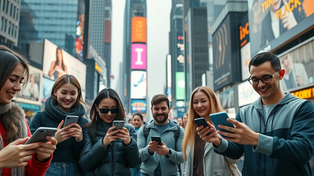 futuristic cityscape with diverse people using smartphones and digital screens - media channel disruption 2025