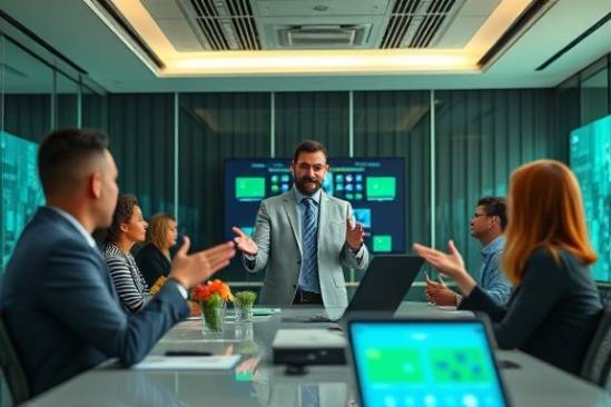 dynamic socialmedia marketing, enthusiastic expression, presenting in a conference room, photorealistic, surrounded by innovative tech decor, highly detailed, animated discussions and digital displays, high resolution, green, diffused natural light, shot with a 50mm lens.