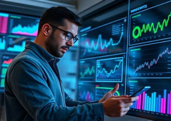 informative socialmedia analytics, analytical expression, examining data charts, photorealistic, inside a tech-savvy workspace, highly detailed, holographic displays and analytics dashboards, ultra-HD quality, gray, bright artificial light, shot with a 24mm lens.