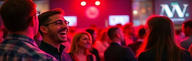 influential socialmedia engagement, excited expression, engaging with a vibrant audience, photorealistic, at a busy networking event, highly detailed, lively conversations and dynamic visuals, ultra-crisp image, red, spotlight illumination, shot with a 85mm lens.