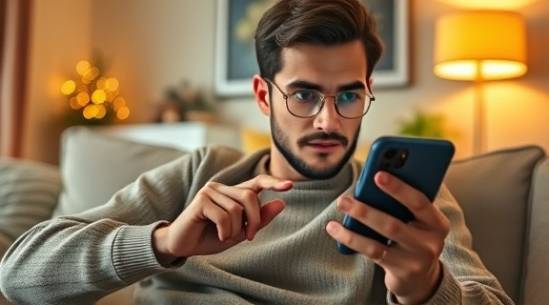 user-friendly socialmedia tools, concentrated expression, navigating smartphone apps, photorealistic, within a cozy living room setting, highly detailed, intuitive interfaces and real-time notifications, sharp imagery, beige, warm incandescent lighting, shot with a tilt-shift lens.